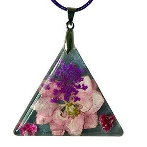 Black Pendant With Pink Pressed Flowers Necklace 18" Waxed Cord w/ Ext Triangle